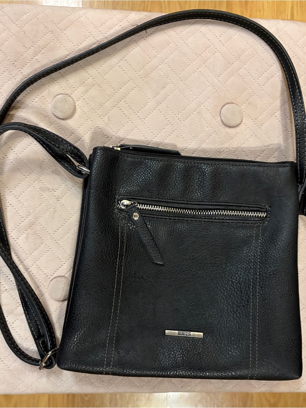 Roots Black faux pebbled Leather Crossbody Bag with Zippered Pockets